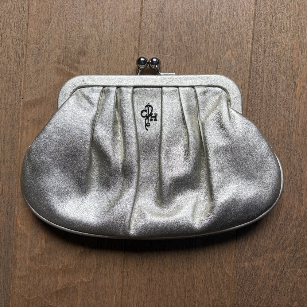 Cole Haan Silver Metallic Leather Kiss-Lock Clutch